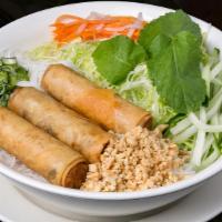 Bun Cha Gio (Vermicelli With Egg Rolls) · Vermicelli with fried egg rolls.