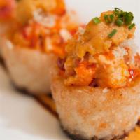 Sushi Cupcakes  · Broiled Lobster & Sea Scallop, Pressed Sushi Rice. Spicy Garlic Butter, Marinated Uni (Four ...