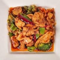Hunan Style · Broccoli and red peppers.