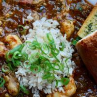 Seafood Gumbo · Oyster, Shrimp and Local Crab,Holy Trinity, Bacon, Tasso Ham, File, Okra, House Spices, Serv...