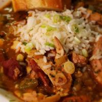 Chicken & Andouille Gumbo · Braised Chicken, House Made Andouille Sausage, Holy Trinity, Bacon, Tasso Ham, File, Okra, H...