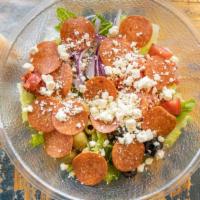 Greek Salad · Romaine lettuce, olives, pepperoni, red onions, roasted peppers, feta cheese, tomatoes, and ...