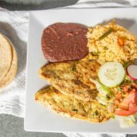 Pollo A La Plancha · Grilled chicken breast with rice, beans, salad, and tortillas