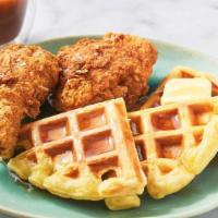 Chicken & Waffle · Comes with Belgian waffle, two eggs any style and a choice of three chicken tenders or three...
