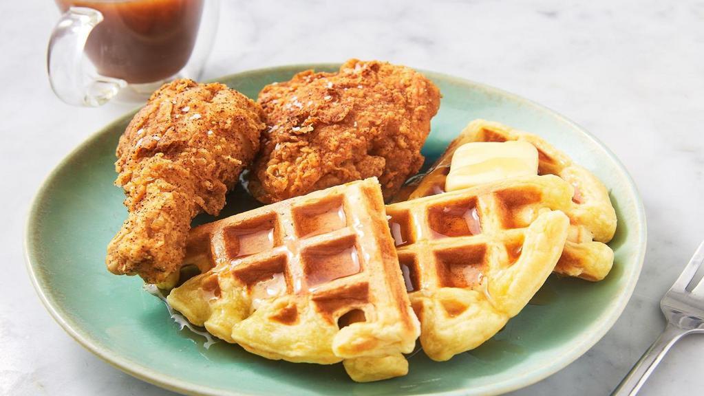 Chicken & Waffle · Comes with Belgian waffle, two eggs any style and a choice of three chicken tenders or three
chicken wings.