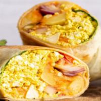 Veggie Burrito · Two scrambled eggs. bell peppers, onions, tomatoes, mushrooms, spinach, homefries and melted...