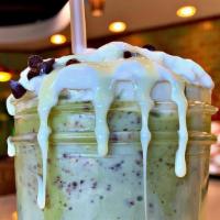 Matcha Chip Condensed Milk Frappe · Matcha frappe blended with chocolate chips and served with a condensed milk drizzle