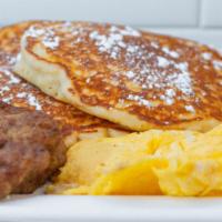 Grubhouse Breakfast · 2 eggs any style, short stack pancakes, and any breakfast side.
