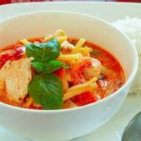 Red Curry · Bamboo shoot, bell pepper, basil, red coconut curry sauce. Menu item with a (*) is medium sp...