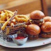 6 Baby Cheeseburgers · Our mini cheeseburgers are served on house-made buns with cheddar, chopped onion, pickled re...