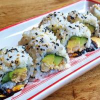 California Roll · Crab, cucumber, avocado, mustard aioli, tare soy glaze, toasted sesame seeds.  Made with sus...