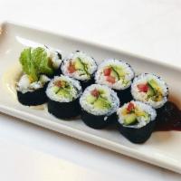 Garden Roll · Roasted vegetables, avocado, tempura crunch. Served with miso aioli and chili sauce.