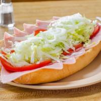 Italian Hoagie · Ham, salami, provolone cheese, lettuce, tomato, onion, on a toasted hoagie roll.