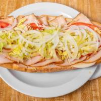 Turkey And Cheese Hoagie · Roasted turkey, provolone cheese, lettuce, tomato, onions, on a toasted hoagie roll.
