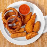 Combo Appetizer · Combination of mozzarella sticks, onion rings, chicken fingers, jalapeno poppers, side of to...