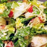 Chicken Caesar Salad · Chicken breast, cherry tomatoes, garlic croutons with grated Romano cheese on crisp romaine.