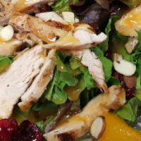 Mandarin Orange Chicken Salad · Chicken breast served on top of a mixed greens with mandarin oranges, dried cranberries and ...