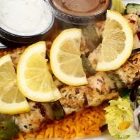 Chicken Kabab W/Greek Salad And Rice · Marinated Fresh Grilled Chicken On a Skewer, Balsamic Vinegar Dressing