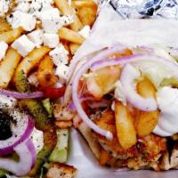 Chicken Gyro W/Greek Salad And Seasoned Fries · Lettuce, Tomato, Onions, Tzatziki Sauce, Balsamic Vinegar Dressing