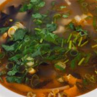 Spicy Chicken Noodle Soup · Spicy clear chicken soup, lily flower, bean curd, wood-ear mushroom, bean noodle, lime, chil...