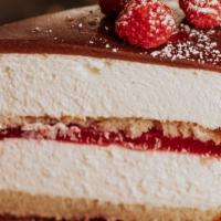Raspberry Cake · Cake dough / whipped cream cheese / raspberry jelly marmelade topped with chocolate glaze