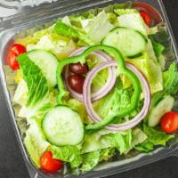 Garden Salad · Fresh blend of romaine and mixed greens, tomatoes, cucumbers, onions, peppers, olives and pe...