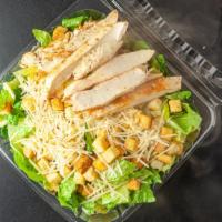 Caesar Salad With Grilled Chicken · Fresh romaine lettuce topped with Parmesan cheese and croutons. Topped with grilled chicken.