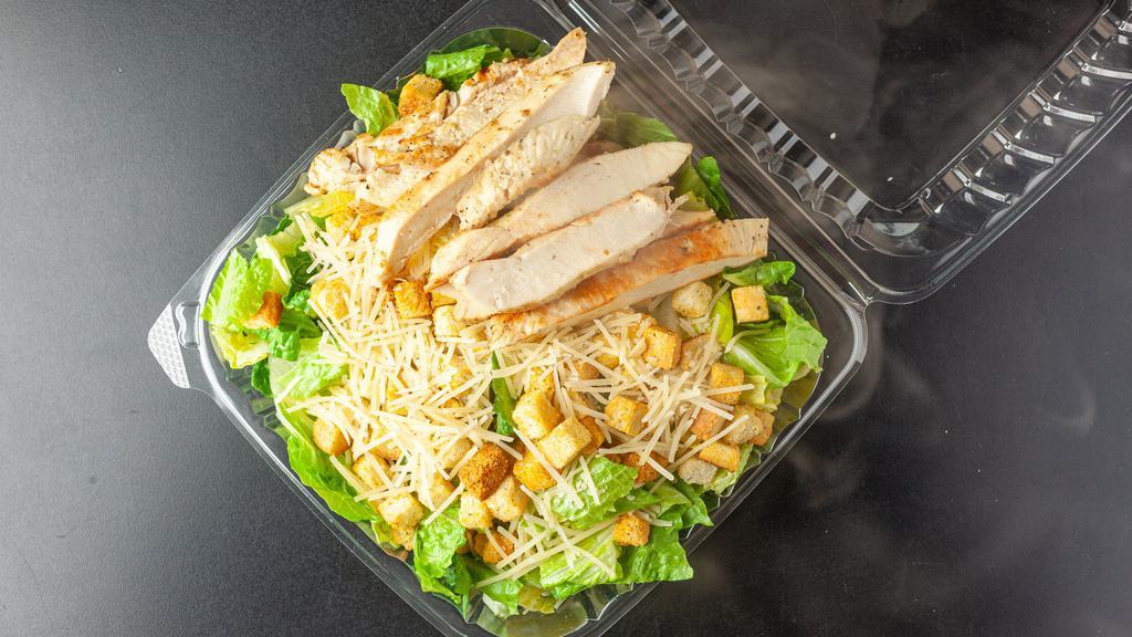 Caesar Salad With Grilled Chicken · Fresh romaine lettuce topped with Parmesan cheese and croutons. Topped with grilled chicken.