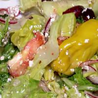 Greek Salad · Tomatoes, cucumbers, mixed greens, feta cheese, pepperoncini and kalamata olives. Includes p...