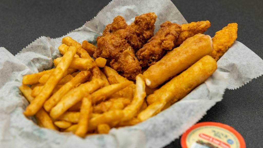 Combo With Fries · Three pieces chicken fingers, three pieces chicken wings, three pieces mozzarella sticks.