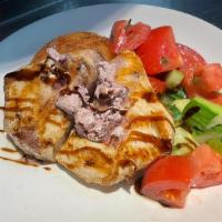 Swordfish Dinner · Clear-cut grilled swordfish steak with Kalamata olive butter, tomato and cucumber salad, cri...