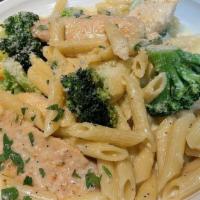 Chicken Pasta · Sautéed Chicken and Broccoli in parmesan cream sauce tossed with penne pasta.