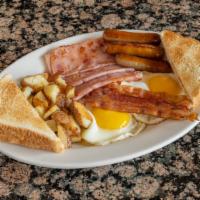 Bakes And Cakes Special · 3 eggs served with home fries, toast, ham, bacon and sausage.