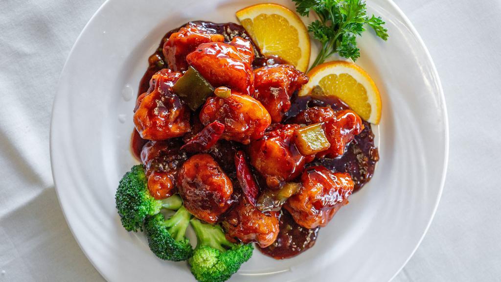 General Tso'S Chicken · Chunks of chicken lightly coated fried to crispy sauteed in a tangy delicate mild spicy sauce and finished with a touch of dark rice vinegar. spicy.