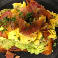 Avocado Toast, Bacon & Egg · Scrambled Eggs, Crispy Bacon, and Avocado served on our house-made Toast. Allergens: Egg