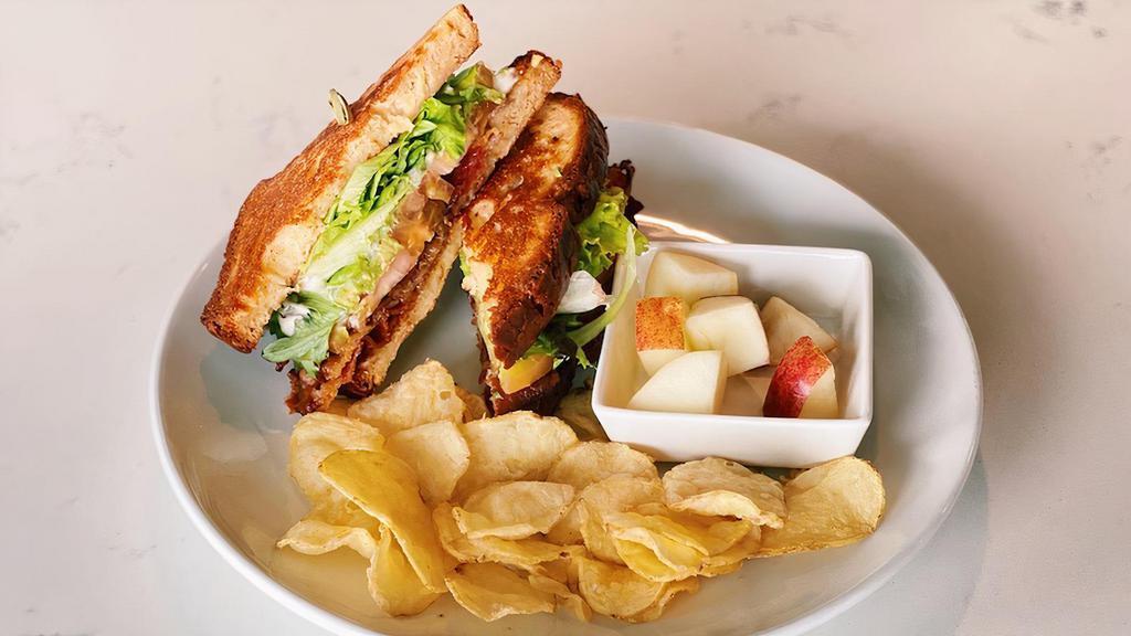 Bacon, Lettuce, Tomato, Avocado Panini · Crispy bacon paired with tomatoes, crunchy romaine, avocado, and mayo.  A lunch classic!  Allergens:  Egg