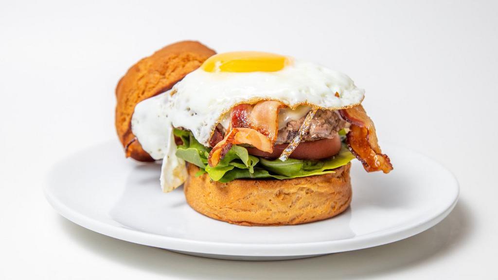 Breakfast Burger · Breakfast Burger served on our own Bulkie Roll with Bacon, Cheddar cheese, Tomato, Arugula, and a sunnyside-up Egg.. Allergens: Dairy, Egg
