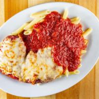Chicken Parm · Generous portion of breaded chicken cutlet topped with marinara sauce and Mozzarella cheese....