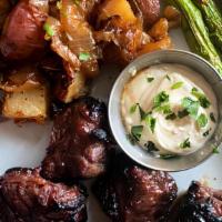 Steak Tip Dinner · secret family marinade, asparagus, roasted potatoes