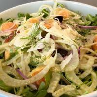 Finocchio & Orange Salad · fennel, orange, red onion, marinated olives, shaved parmigiano, arugula, orange vinaigrette ...