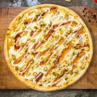 Buffalo Chicken Pizza · Chicken, hot sauce, blue cheese and mozzarella baked on a hand-tossed dough.