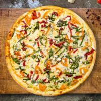 Mediterranean Pizza · Spinach, feta cheese, mozzarella cheese and marinated tomato, Romano, olive oil, and garlic ...