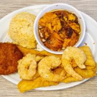 Seafood Dinner · two pieces of whiting and 3 large shrimp and a crabcake! served with two items of your choice