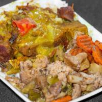 Curried Goat · Served with Caribbean style rice or white rice, with cabbage or yard slaw, which consists of...