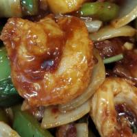 Satay 3 Delight · Spicy. Shrimp, beef, chicken sautéed with red and green peppers, onions, and pineapple chunk...