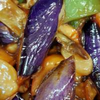 Home Style Chinese Eggplant · Eggplant with red & green pepper onions tomatoes bamboo shoots in garlic sauce.