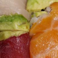 Rainbow Maki · Eel, avocado, cucumber, rolled with tuna, white fish and salmon.