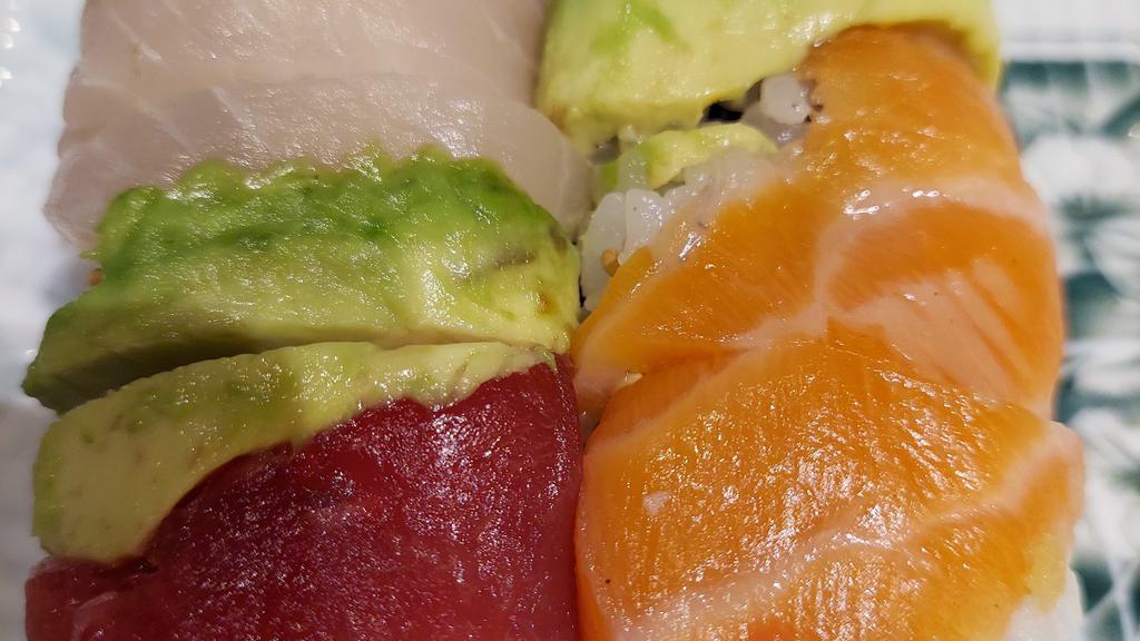 Rainbow Maki · Eel, avocado, cucumber, rolled with tuna, white fish and salmon.