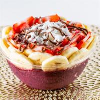 Almond Butter Bliss · Acai, almond butter, banana, topped with strawberry, banana, shredded coconut, Nutella.