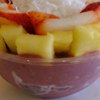 Fresh Exotic · Greek yogurt, coconut milk, strawberry, topped with pineapple, strawberry, shredded coconut.